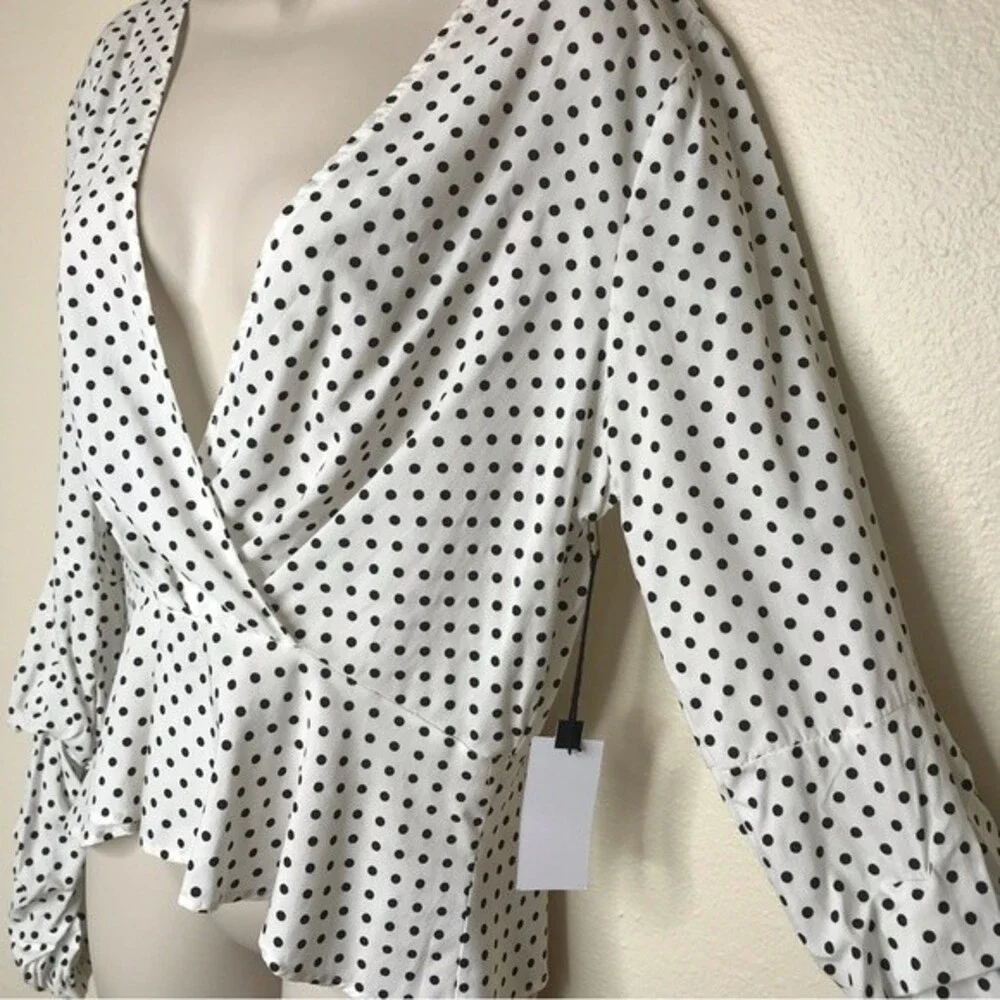 NWT Astr White Black Polka Dot Surplice Neck Gather Puff Long Sleeve Women Large